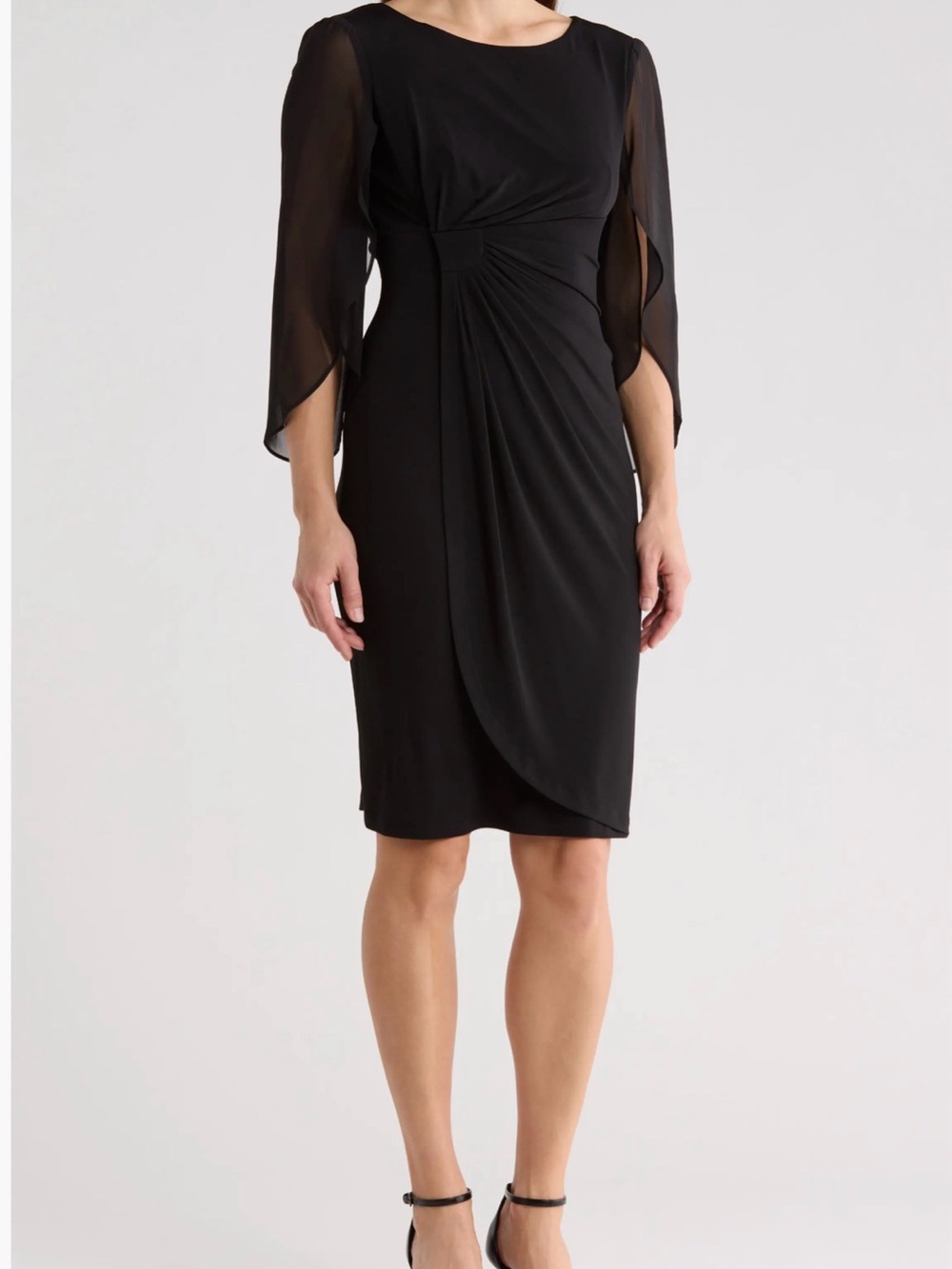 connected apparel Black Gathered Sheath Dress with Flutter Sleeves